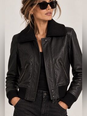 THEORY Tildae Black Lambskin Leather Bomber Jacket Size P XS